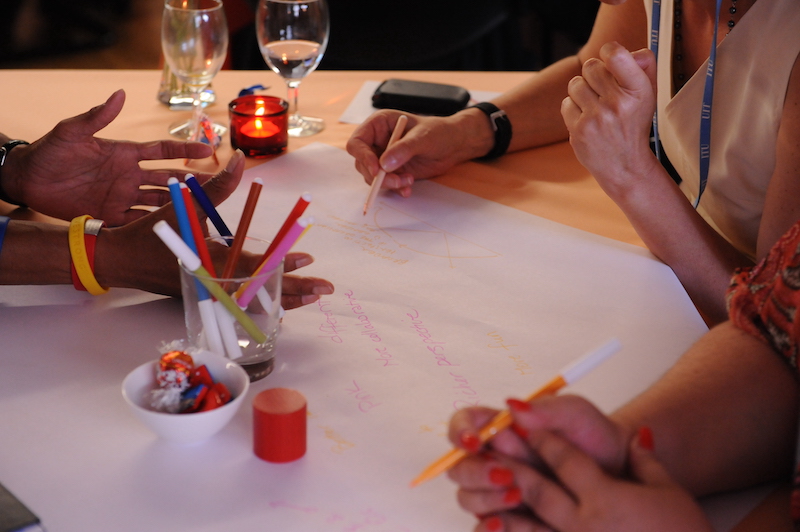 Prises de notes lors d'un world café : mains e stylos