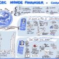 Sketchnote de la session 'Constats' de la CEC Monde Financier montrant l'engagement de 70 entreprises vers une finance durable, avec les interventions de Nadia Maizi et Sandrine Dixson-Declève, et des statistiques sur les défis climatiques et la justice sociale.